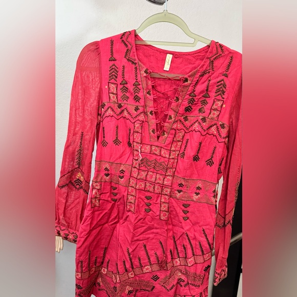 Free People Embroidered Boho Tunic Dress – Crimson Red with Beading - Picture 5 of 15